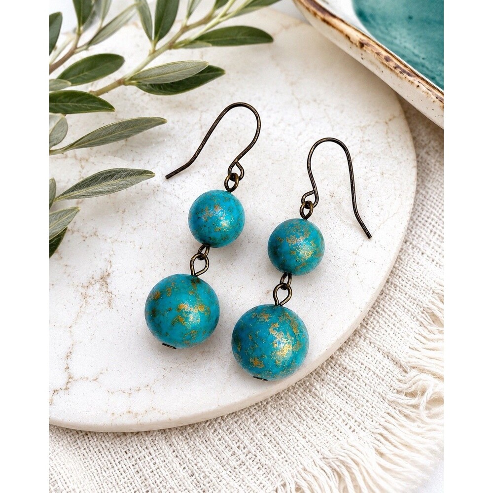 Vintage Blue Turquoise Bead Dangle Earrings Boho Gold Fleck Hook Drop 1970a